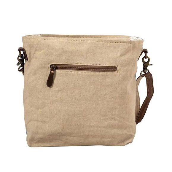 Myra Bag Handmade Blue Star Messenger Bag Upcycled Canvas & Cowhide Leather - Picture 3 of 15